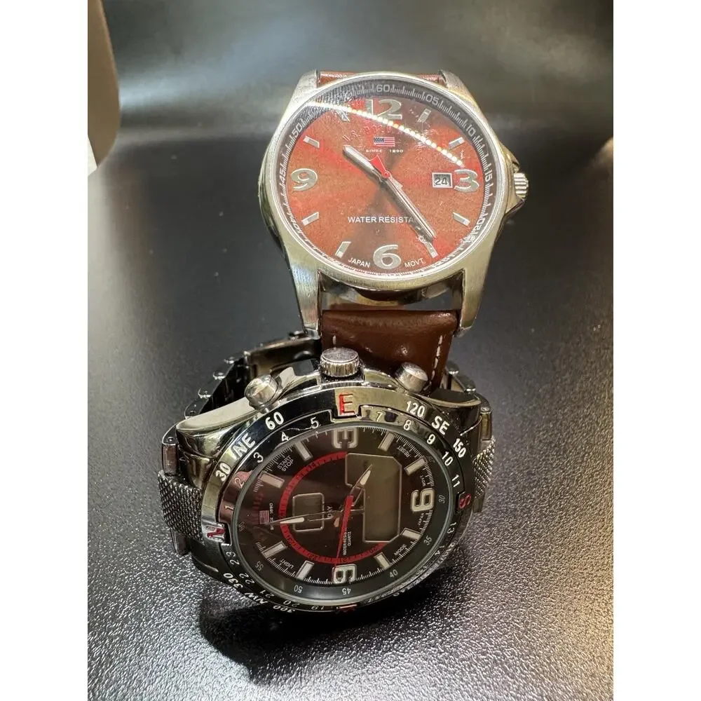 Lot of 2 US Polo Assn Men's Watches Genuine Brown Leather US 5050, US 8206 WORKS
